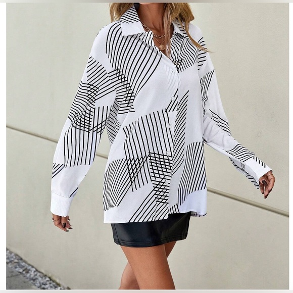 White/Black Striped Print Drop Shoulder Shirt * - Picture 2 of 9